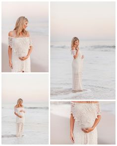 a pregnant woman standing in the ocean with her belly wrapped up and wearing a white lace dress