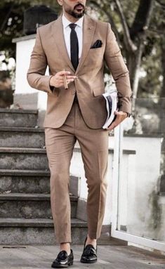 SUITS FOR MEN Golden Beige Men Suit 2 Piece Slim Fit Suits - Etsy Tan Suit Wedding, Brown Groomsmen, Brown Suits For Men, Groom Suits, Tan Suit, Dinner Suit, Wedding Suits Groom, Stylish Suit