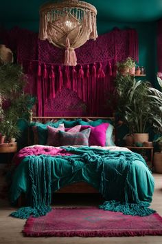 Dive into a realm of bohemian elegance with Macrame wall decor enhancing this serene bedroom's charm. The intricate Macrame wall hangings bring a vintage flair while the teal and magenta hues add a contemporary touch. Rich textures, lush indoor plants, and rustic wooden accents complement the macrame artistry, creating a cozy, inviting ambiance. Experience the tactile beauty of Macrame wall art in a room designed to evoke tranquility and artistic exploration. Boho Velvet Bedroom, Teal And Magenta Bedroom, Aesthetic Bed Decor, Emerald And Gold Room Aesthetic, Deep Jewel Tone Bedroom, Jewel Tone Bohemian Bedroom, Jewel Tones Room, Teal And Burgundy Bedroom, Bohemian Art Wall