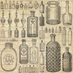 an old book with bottles and jars on it