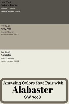 the color scheme for an interior and exterior painting project, with text that reads amazing colors that pair with abaster sw 7008