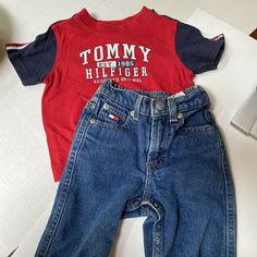 Cute Boys Set Outfit Tommy Hilfiger 12 M Short Sleeve T-shirt And Jeans. Condition is "Pre-owned. Snaps on Jeans for diaper changes. Kid Boy Outfits, Vintage Boys Clothes, Guy Outfits, Bebe Clothing, Future Generation, Tommy Hilfiger Kids