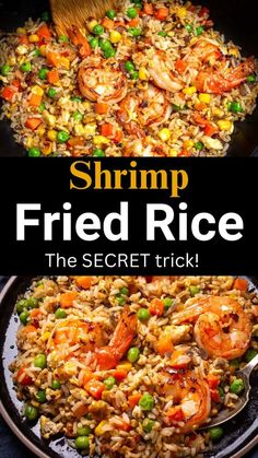 shrimp fried rice in a skillet with the words shrimp fried rice on top and bottom