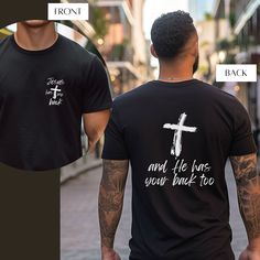 Show your faith with style in our "Jesus has my back" t-shirt! With a powerful message on the front and a comforting reminder on the back, this shirt is a testament to your trust in God's protection. Spread positivity and reassurance wherever you go, knowing that not only does Jesus have your back, but He has everyone else's too. Get yours today and share the love and security of your faith with the world. T-Shirt Details: This classic unisex jersey short sleeve tee fits like a well-loved favori Faith Apparel, Christian Merch, Jesus Is King, Faith Clothing, Jesus Tees, Ladies Shirt, Spread Positivity, Jesus Saves, Jesus Shirts