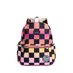 state bags kane kids double pocket backpack recycled poly canvas checkerboard pink front view click to zoom Multicolor On-the-go Backpack For Back To School, Back To School Nylon Bag With Removable Pouch, School Backpack With Removable Pouch For Back To School, Multicolor Nylon Student Bag, Multicolor Standard Backpack With Removable Pouch, Multicolor Backpack With Removable Pouch, School Backpack With Removable Pouch, Multicolor Nylon Bag For End Of School Year, Rectangular Backpack For Everyday Use