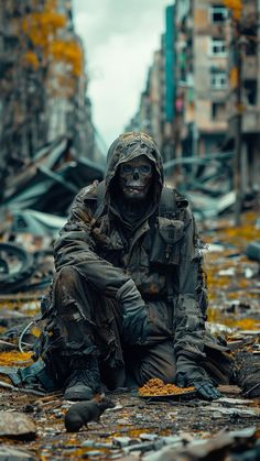 a man sitting on the ground in front of some buildings with yellow moss growing all over it