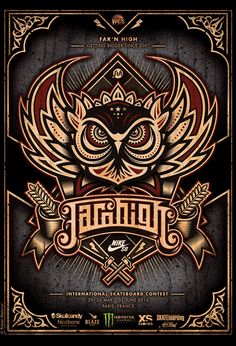 a poster with an owl on it's face and the words tattoo written in gold