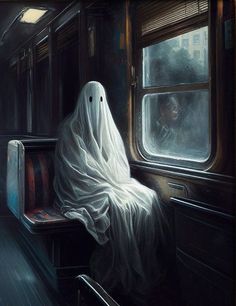 a painting of a ghost sitting on a train seat looking out the window at another person