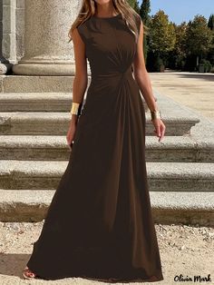 Olivia Mark - Chic Casual Waist-Defining Elegant Round Neck Long Dress for Outings Tank Dresses, Vintage Material, Elegant Dresses Long, Loose Outfit, Middle Age, Types Of Skirts, Vest Dress, Synthetic Fiber, Summer 2024