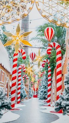 christmas decorations are displayed in the middle of a street