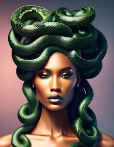 a woman with a snake on her head and green snakes around her head, as if she is in the zodiac sign