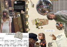 a collage of various images with people and musical instruments in them, including a disco ball