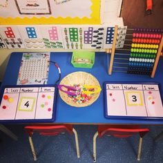 two tables with matching numbers on them and one has a basket full of beads next to it