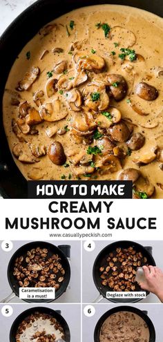 Collage of making creamy mushroom sauce Cream Of Mushroom Pasta, Steak And Fries, Mushroom Sauce For Chicken, Fries Potatoes, Mushroom Pasta Sauce, Mushroom Recipes Pasta, Steak Pasta, Mushroom Cream Sauces, Creamy Mushroom Pasta