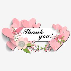 thank you card with pink hearts and flowers