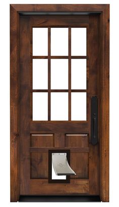 a wooden door with glass and metal handle