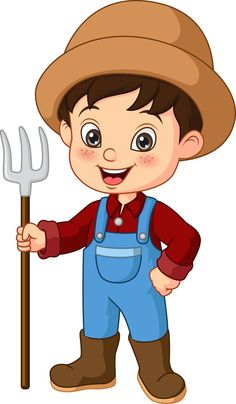 a little boy in overalls holding a pitchfork and wearing a hat with his hands