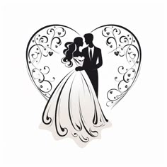 a bride and groom standing in front of a heart shaped frame with swirls on it