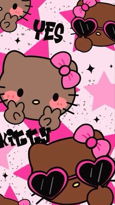 an image of hello kitty wallpaper with pink and black hearts on it's face