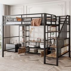 there is a loft bed with a desk underneath it and shelves below the bunk bed