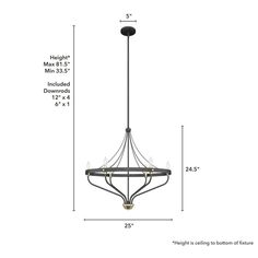 an image of a chandelier with measurements for the light fixture and height chart