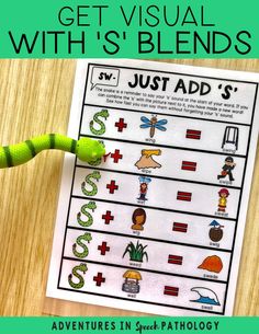 a green caterpillar sitting on top of a piece of paper with the words, get visual with s'blends