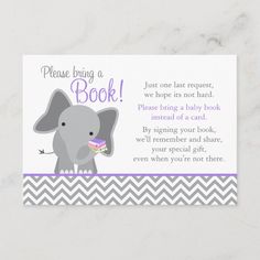 an elephant baby shower book with pink and gray chevron stripes on it's cover