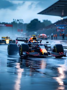 red bull racing car on wet track in front of other cars and people watching from the sidelines