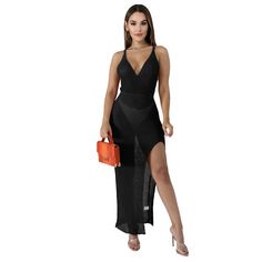 Elegant Solid Color Deep V Neck Side Split Stretch Sleeveless Summer Party Sexy Bodycon Beach Long Dress Splits Stretches, Beach Long Dress, Long Beach Dress, Side Split, Summer Party, Deep V Neck, Deep V, Long Dress, Split