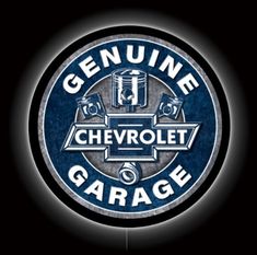 the genuine chevrolet garage sign is lit up