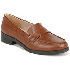 Classic moc loafers with modern flair. These womens slip on shoes always look chic. Faux leather or patent upper with a round toe, slip-on fit, and strap detail. Toe box, heel counter, and linings partially crafted with recycled materials. Soft System comfort package provides all-day support, flex, and cushioning Active Arch contoured insole with extra arch support and cushioning Traction sole provides you with extra stability Just Right Height 1.125 inch block heel Size: medium.  Color: Brown. Womens Slip On Shoes, Best Loafers, Mule Sneakers, Crafts From Recycled Materials, Women's Slip On Shoes, Casual Dress Shoes, Casual Shoes Women, Shoe Style, Look Chic