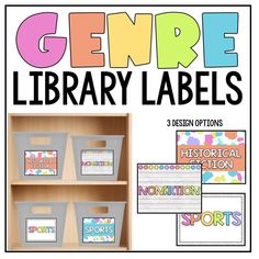 some sort of library labels and bins with the words genre on them in different colors