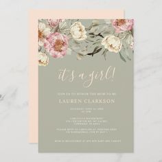 an elegant floral baby shower is shown with the word, it's a girl