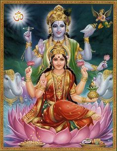 the hindu goddess sitting on lotuses in front of her image