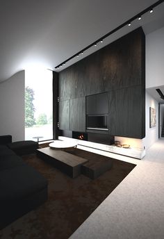 a modern living room with dark wood paneling and white carpeted flooring is lit by recessed lighting