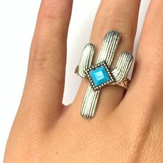 Silver Tone Cactus Ring With Blue Gemstone New Without Tags Size 8 Casual Metal Rings For Gifts, Casual Silver Ring, Silver Southwestern Jewelry For Summer, Southwestern Silver Jewelry For Summer, Bohemian Adjustable Turquoise Ring For Summer, Turquoise Western Style Summer Jewelry, Blue Sterling Silver Western Jewelry, Blue Western Sterling Silver Jewelry, Southwestern Blue Jewelry For Summer