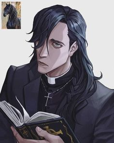 a man with long black hair holding an open book