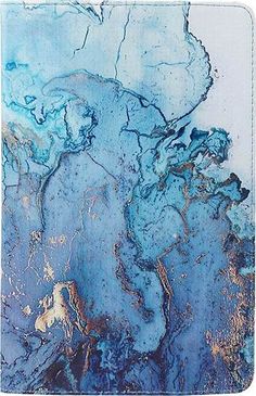 an abstract painting with blue and gold colors