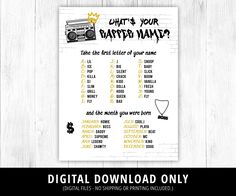 a printable poster with the words, what's your diaper name?