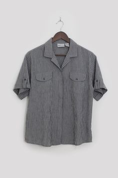 Short Sleeve Striped Button Up Shirt Tagged Size M Fits Size S-M Grey with Stripes Great Basic! Striped Camp Collar Top With Button Closure, Womens Blouses, Button Up Shirt, Up Shirt, Womens Clothing Tops, Labour Day, Button Up Shirts, Blouses For Women, Art Collection