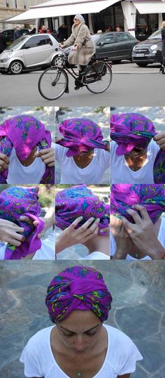 DIY Turban- #DIY #Turban Check more at https://howcandothis.com/hairstyleideas/diy-turban/ Infinity Scarf Head Wrap, Head Scarf With Bangs, Head Wrap Sewing Pattern, 50s Head Scarf, Long Layers Brunette, Layers Brunette, Knot Updo, Diy Head Scarf