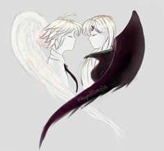 two people are facing each other in the shape of a heart with wings on it