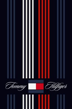 the tommy hilfiger logo on a black background with red, white and blue stripes