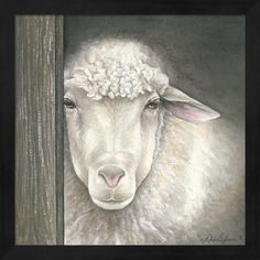 a painting of a sheep peeking out from behind a wooden fence post with its eyes closed