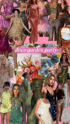 a collage of different women in dresses and hair, with the words disco garden party on