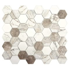 a white and brown marble mosaic tile with hexagons in the middle, on a white background