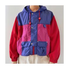 Vintage colorblock nylon hooded windbreaker jacket.  Circa 80s 90s.  Relaxed oversized fit.  100% nylon.  Bright red, pink and purple colorway.  Drawstring hem.  Zip up and snap button closure.  Medium to short length depending if you use the drawstring.  Multiple cargo pockets.  In great vintage condition.  No size labeled. Best fits XS or S and M petite (check arm length). I'm XS/S 5'7 wearing it in the photos.  〰️Measurements taken flat: Armpit to armpit - 23.25" Length(back collar seam to he Pink And Purple, Windbreaker Jacket, Coats Jackets Women, Bright Red, Snap Button, Color Blocking, Color Block, Coats For Women, Zip Ups