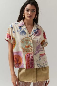 BDG Del Rey Souvenir Button-Down Top | Urban Outfitters 2024 Style, Colourful Outfits, Colorful Fashion, Capsule Wardrobe, Sleeve Styles, Button Downs, Button Up Shirts, Urban Outfitters, Fitness Models