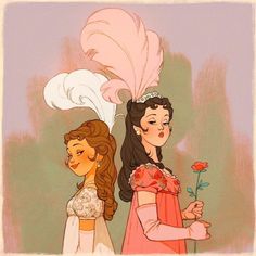 two women with long hair are standing next to each other and one has a flower in her hand