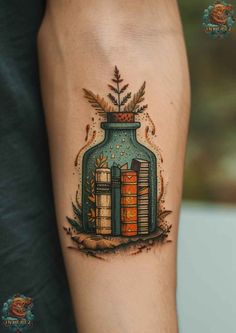 a person with a tattoo on their arm that has books in a jar and leaves inside